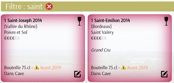 Filtre Inventaire Cave à vin